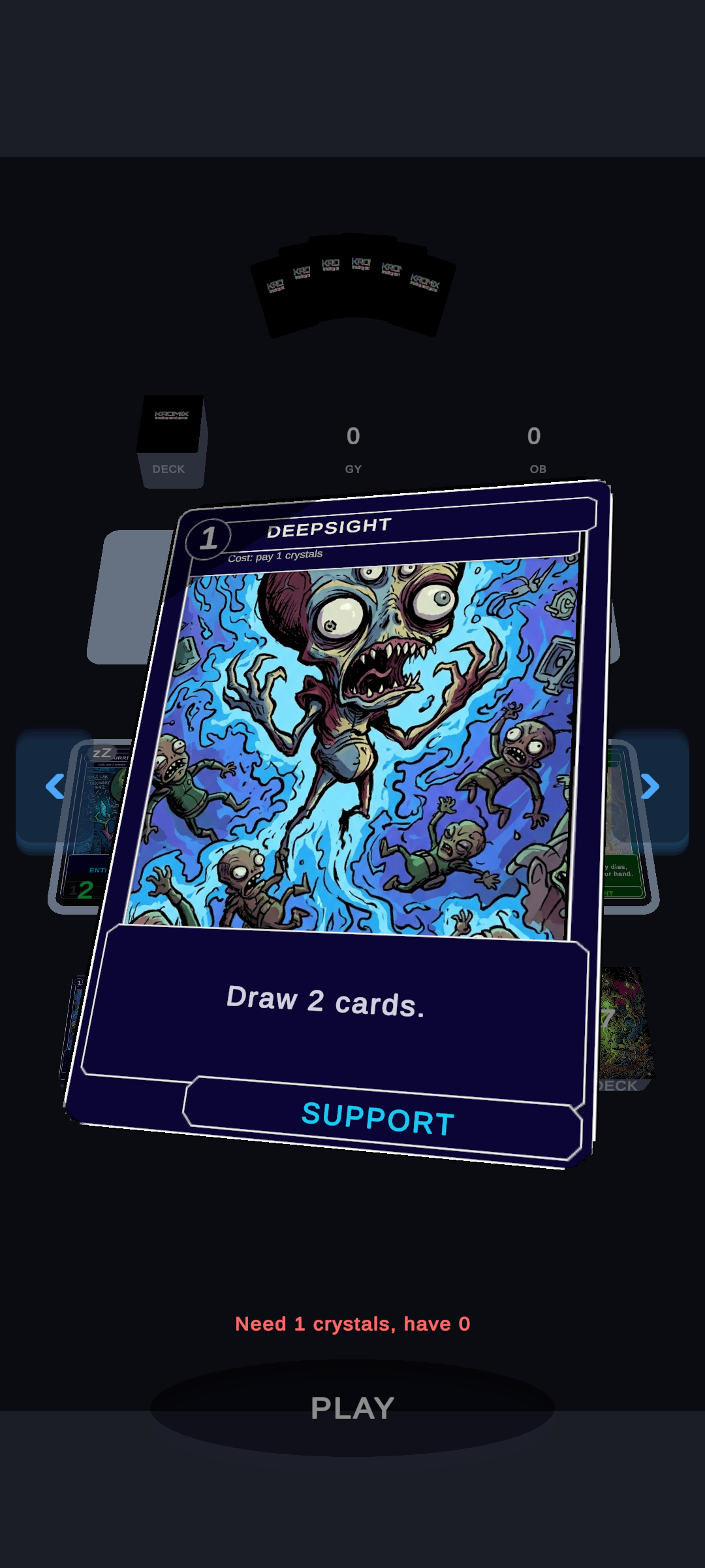 KROMIX tilted card preview showing the Deepsight card over the battlefield