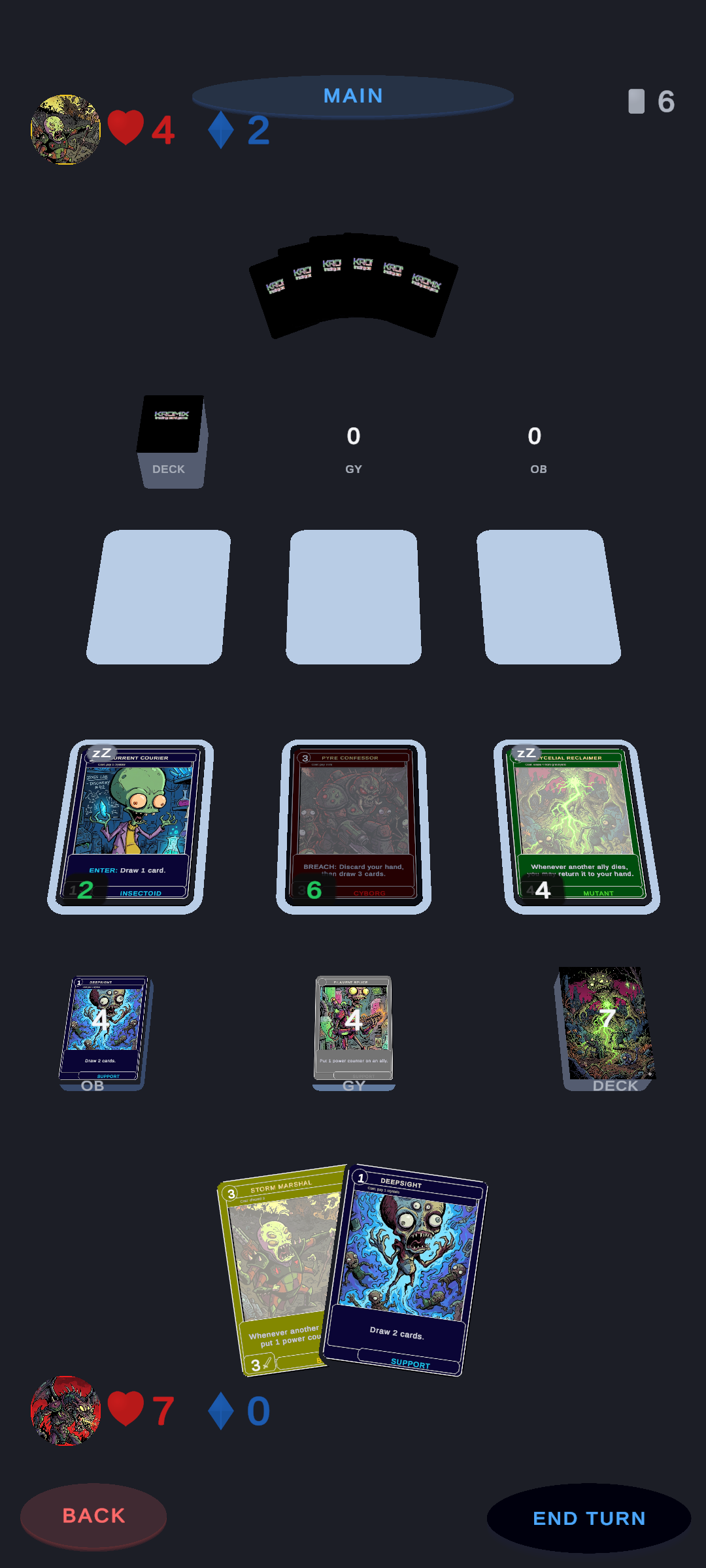 KROMIX duel board with player hand, field slots, deck, graveyard, and opponent hand